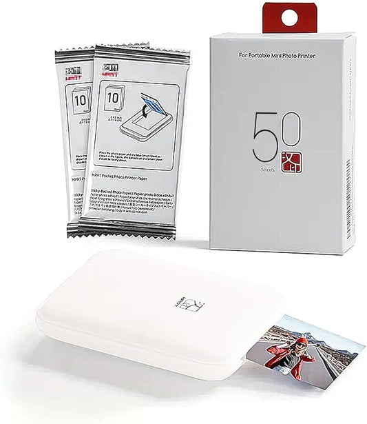 Mini Portable Instant Photo Printer - Bluetooth 5.0, Works with iOS & Android (Printer+with 50 Sheets of 2 x 3 in Zink Photo Paper)