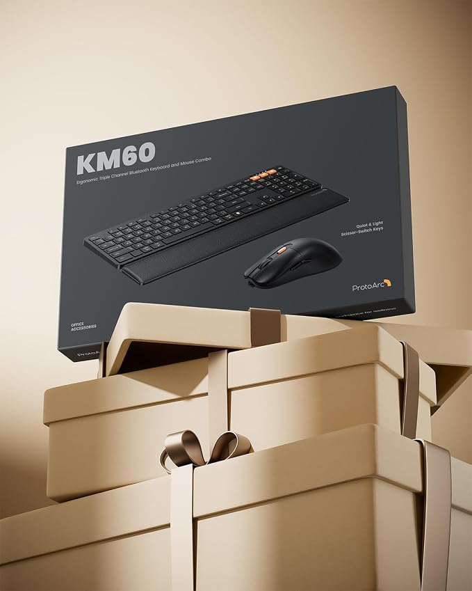 ProtoArc KM60 Wireless Bluetooth Keyboard and Mouse, Ergonomic Keyboard with Wrist Rest, Multi-Device, 2.4GHz + Dual Bluetooth, Full Size, Rechargeable, for Laptop/Computer/PC/Windows/Mac, Black