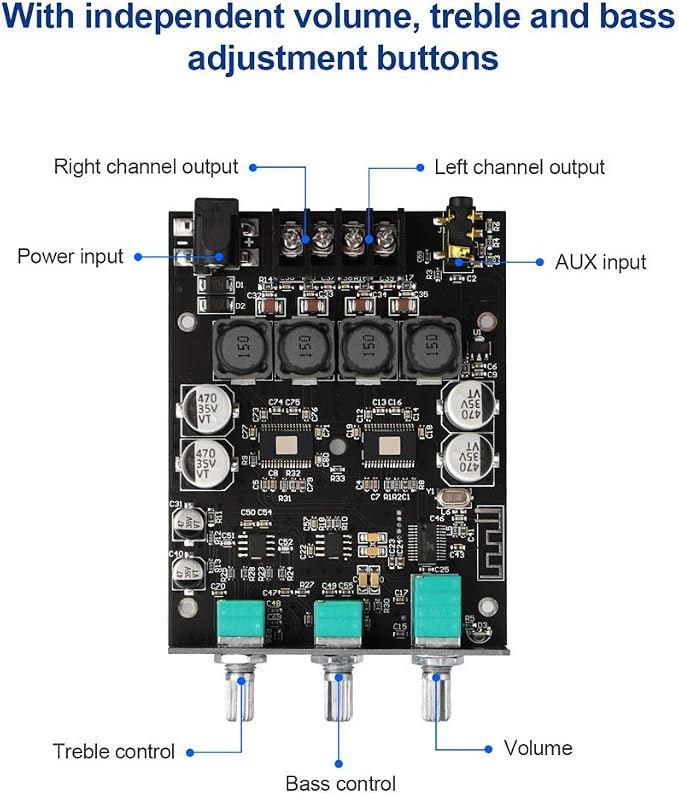 ZK-1002T Bluetooth Amplifier Board 2.0CH 100W*2 Mini Audio AMP with Treble and Bass Control, BT and AUX Inputs, DC 9-24V Stereo AMP Module for Home Speakers, Update Version APP Control