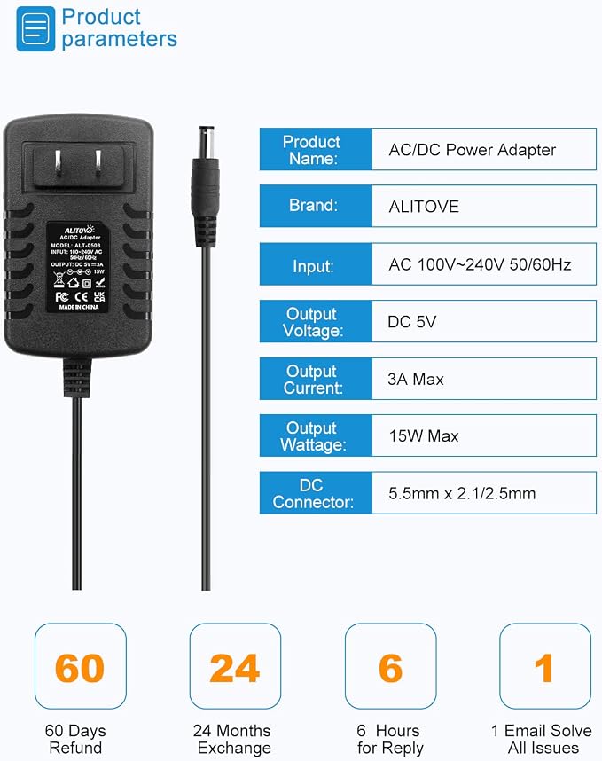 ALITOVE DC 5V 3A Power Cord AC Adapter 5 Volt Power Supply 4.92Ft 5.5mm x 2.5mm/2.1mm AC 100-240V to DC 5Volt 3000mA 2500mA 15W for LED Pixel Light CCTV Camera USB-HUB Wireless Router（5 Pack）