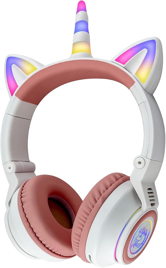 Upgrade Unicorn Headphones for Girls, Kids Bluetooth Wireless Headphones with 7 Colour Flash Light, 93dB Volume Limited, for Toddlers Tablet/iPad/Amazon Fire, Birthday Gifts, (White Pink)