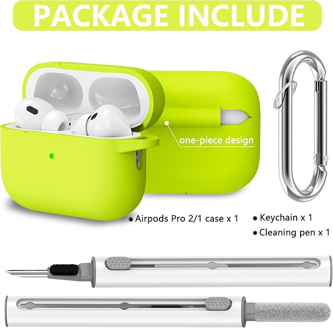 Ljusmicker for AirPods Pro Case Cover with Cleaner Kit,Silicone Protective Case for Apple AirPod Pro 2nd/1st Generation Case for Women Men,AirPods Pro Case Accessories with Keychain-Fluorescent Green
