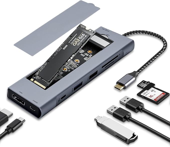 8-in-1 USB C Hub with M.2 NVMe SSD Enclosure, 4K HDMI, 100W PD, 10Gbps USB-C, USB3.1, SD/TF Card Reader for XPS, Dell, MacBook Pro, iPad Pro Upgraded