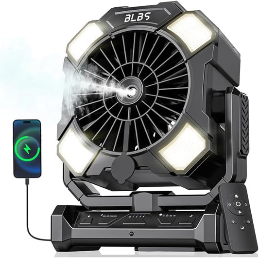 BLBS Misting Fan, Portable Camping Fan with 11oz Water Tank, 160Min Misting, 24000mAh Battery Powered Fans with 4 Speeds, 4 Timers, Light & Hook, Must-Have for Camping, Fishing, Beach & Hiking