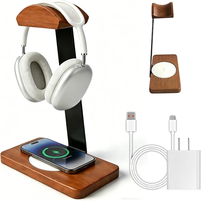 Solid Wooden Headphone Holder with Fast Wireless Charging Pad, Universal Headset Stand for Gaming Desk, Headphone Rack Compatible with Airpods Max,Bose,Razer,AKG Equipment Accessories for Walnut Desk