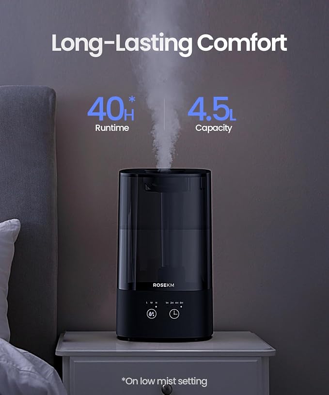 ROSEKM 4.5L Humidifiers for Bedroom, Humidifiers for Home Large Room, Cool Mist Humidfiers for Baby and Plant with Timer, Adjustable Mist Level, 360° Nozzle, Auto Shut-Off, Black