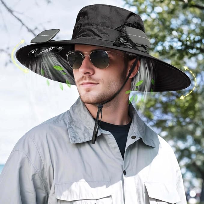 Solar Powered Fan Hat for Men Women Wide Brim Hat with 2 Fans UPF 50+ Outdoor Fishing Beach Sun Hat
