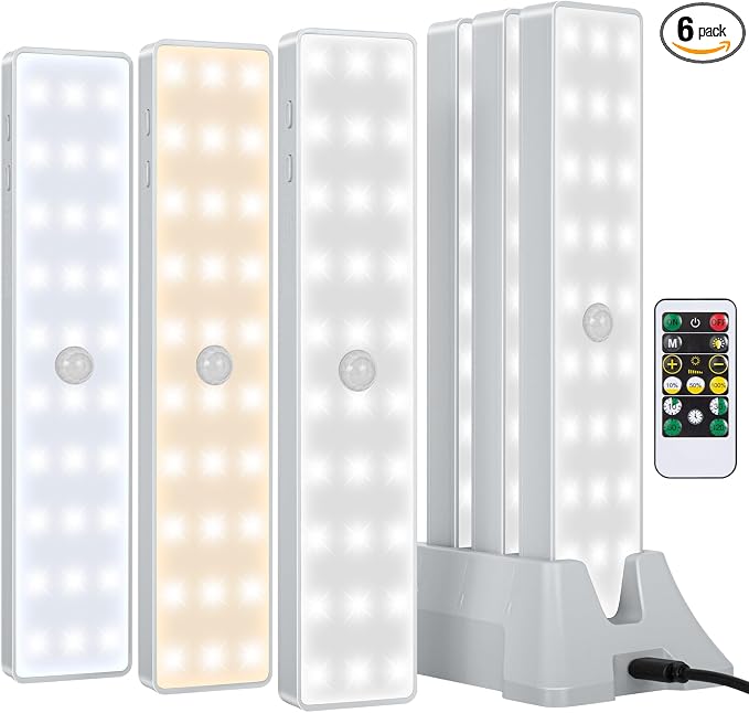 Under Cabinet Lights with Charging Station, 6 Pcs Rechargeable 3 Color Temperatures Motion Sensor Closet Lighting, Dimmable RV Step Lights Stick-Anywhere LED Night Bar for Kitchen,Wardrobe,Stairs