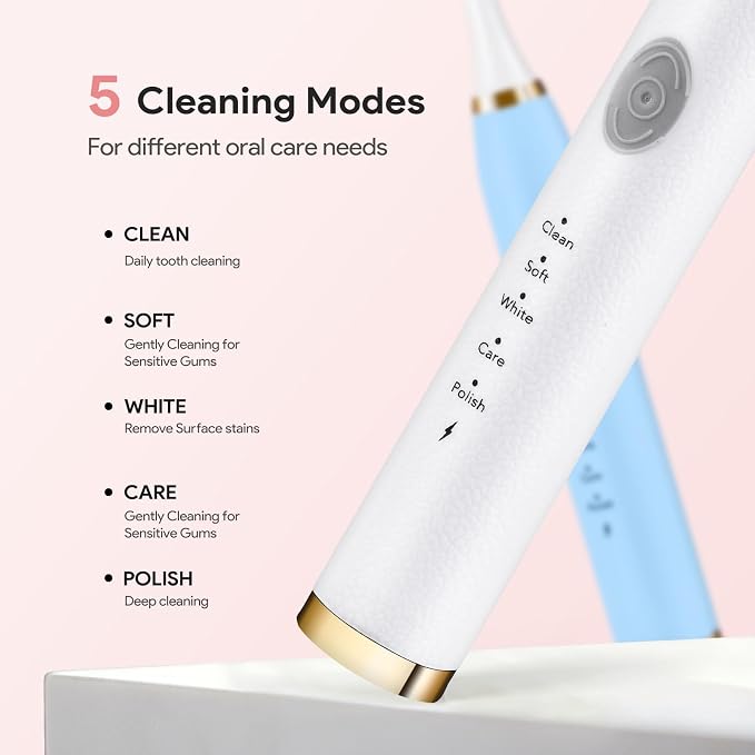 Dnil 2 Pack Electric Toothbrush for Adults and Kids, Travel Toothbrush Includes 10 Replacement Toothbrush Heads, 5 Modes with 2 MIN Smart Timer (Blue White)