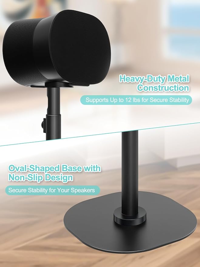 Haturi Speaker Stands Pair for Sonos Era 100, Era 100 SL & Era 300, Adjustable 22"–42" Floor Stands with Cable Management Heavy Duty Metal Construction Non-Slip Base for Living Room Bedroom Office