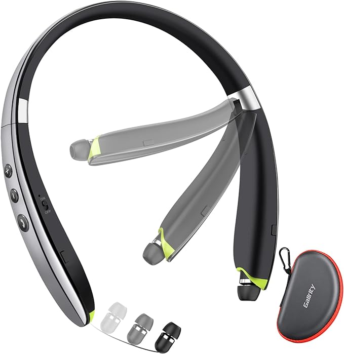 Bluetooth Headset, 2026 Upgraded Neckband Bluetooth Headphones with Retractable Earbuds, Noise Cancelling Stereo Earphones with Mic, Foldable Wireless Headphones for Sports Office w/Carry Case(Grey)