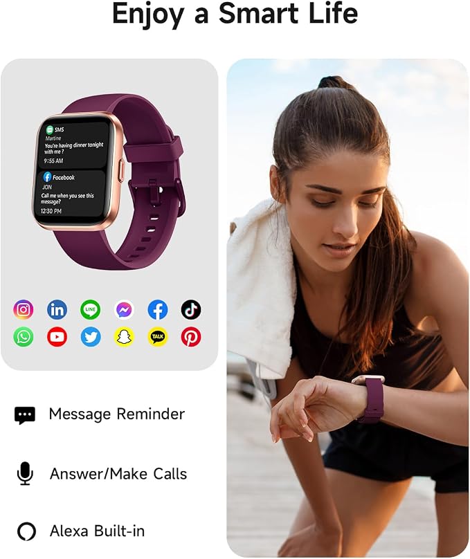 Woneligo Smart Watch for Women, Answer/Make Calls, Alexa Built-in, 1.85" Touch Screen Fitness Tracker for Android & iPhone, Heart Rate/Sleep/SpO2 Monitor Smartwatch, Waterproof (Deep Purple)