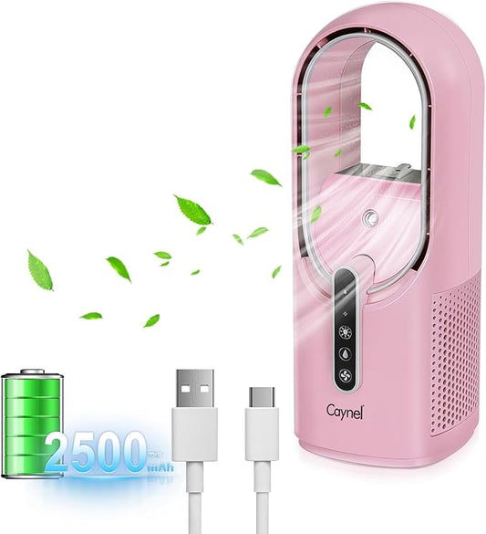 CAYNEL Desktop Fan, 11.8 Inch Portable Bladeless Desktop Personal Fan with 7 Colors Ambient Light, 3 Fan Speeds, Humidifier Electric Fan for Home, Office and Bedroom (Pink)