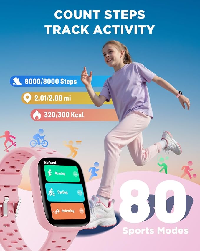 BIGGERFIVE Kids Watch No Phone Needed, 1.8" Amoled Smart Fitness Watch Pedometer, Heart Rate, Sleep Tracker, 30m Waterproof, Step Counter, Puzzle Games, 100+ Dials, Gifts for Girls 5-16, Pink