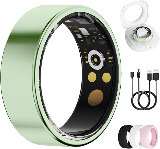 Smart Ring for Women & Men, Health Tracker Ring with Heart Rate, Blood Oxygen,Blood Pressure, IP68 Waterproof Fitness Ring, Sleep Tracker for iPhone and Android, No APP Fee (Green, 10#)