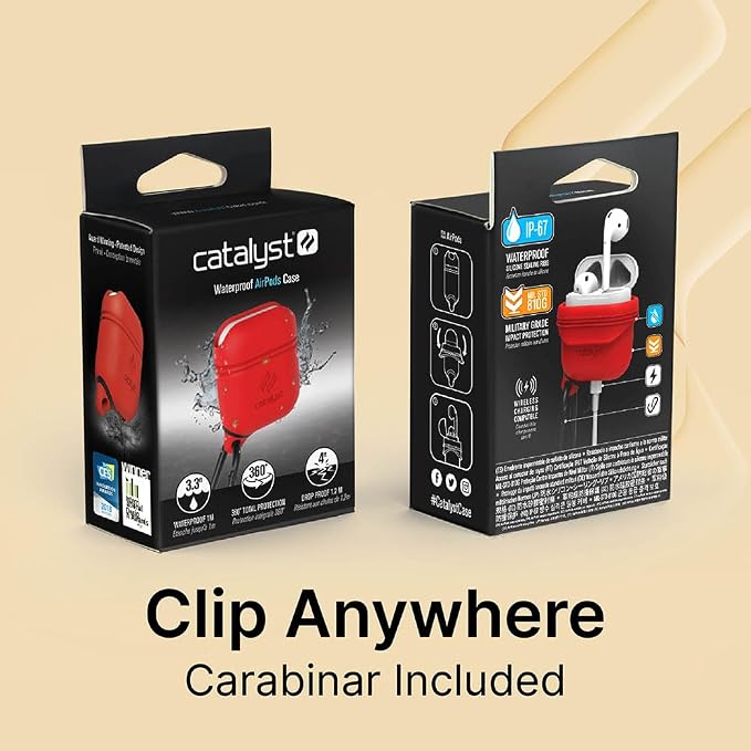 Catalyst Waterproof Case for AirPods 2nd Generation and AirPods 1st Generation - Wireless and USB-C Charging High Drop Protection AirPod Gen 2 and Gen 1 Case with Carabiner, One Piece Design