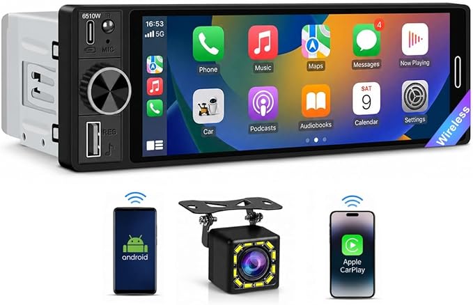 6.5" Wireless Single Din Car Stereo with Apple CarPlay, 720x1280 HD in-Cell Touchscreen, FM Radio with Bluetooth 5.2, USB & Type-C Fast Charging, SWC, Backup Camera, Android Auto, Hands-Free with Mic