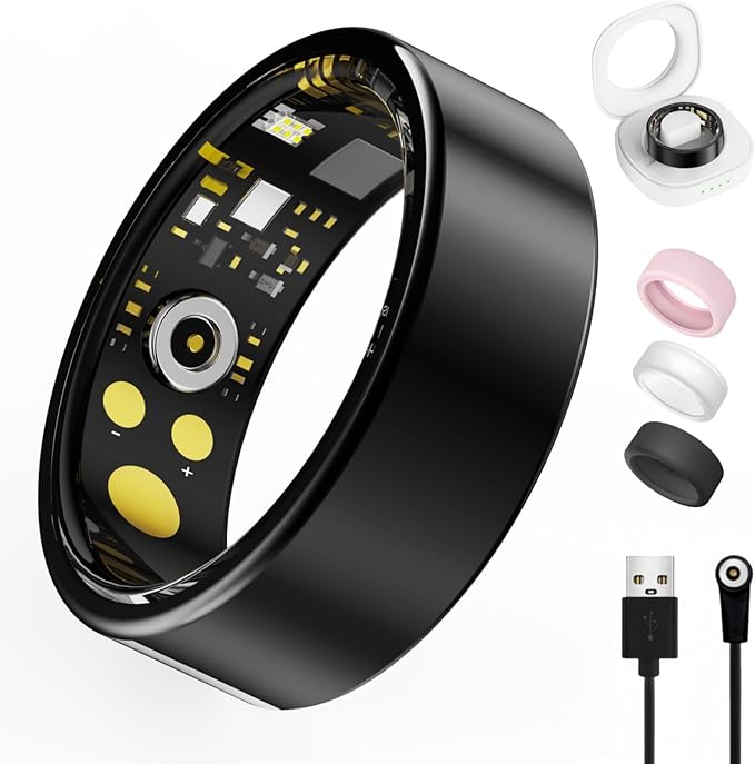 Smart Ring for Women Men, Health Tracker with Heart Rate/Blood Oxygen/Blood Pressure/Sleep Monitoring/Step Counting, IP68 Waterproof Fitness Ring, No App Fees for iPhone & Android (Black, 13#)