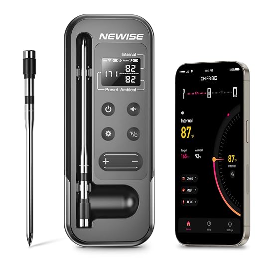 Newise Bluetooth Meat Thermometer with Smart APP, 800FT Wireless Range & LCD Base, Rechargeable Probe, Digital Food Thermometer for BBQ, Perfect Father Day Gifts