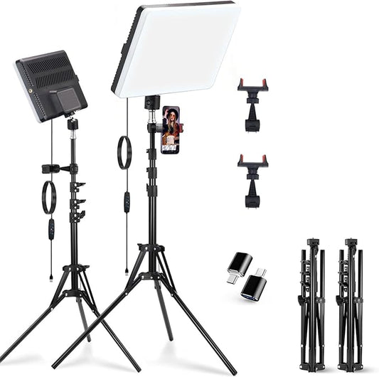 2-Pack LED Video Light Panel, 2700K-7500K Bi-Color Dimmable Photography Lighting Kit with 60" Tripod Stands & Phone Holders, CRI 95+ Studio Lights for Streaming, YouTube, TikTok, Zoom