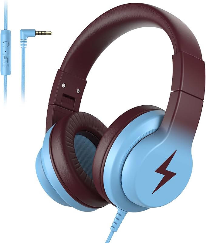 Candy Bila Kids Headphones, Wired Headphones for Kids Over Ear with Microphone, 85/94dB Volume Headphone for Girls Boys, Foldable Headphone for Learning & Entertainment, Gradient Caramel Blue