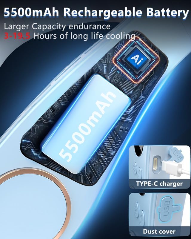 Portable Neck Fan Cooling Plate,Personal Fan Neck Hang Around,Powerful Airflow Shoulder Cooler,Fans To Wear Around Your Neck,Summer Menopause Fan Hot Flash Best Gifs for Outdoor Outside Indoor Blue