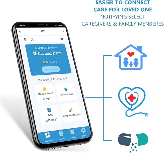 Smart Automatic Pill Dispenser -WiFi Monitoring App, 28-Day Medication Organizer Up to 9 Doses Per with Lock Key, Medicine Dispenser for Elderly