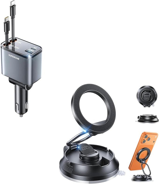 4 in 1 Retractable Car Charger Smaller Fast Car Phone Charger 69W with Cord & Car Phone Holder for Magsafe 78+LBS Strongest Suction