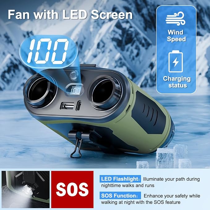 Portable Waist Fan, 12000mAh Rechargeable 100-Speed 6600RPM Dual Air Outlet Strong Airflow with Flashlight, 30H Runtime Hanging Neck Fan Wearable Belt Fan for Camping, Outdoor, Jobsite, Traveling