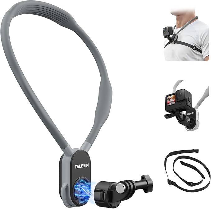 TELESIN S2 Quick Release Magnetic Neck Mount with Fixing Chest Strap, Necklace Lanyard Holder for GoPro 13 12 11 10 9 8 7 6 Go Pro Max Insta360 X3 X4 GO3 Ace Pro DJI Action 5 Pro 3 4 Osmo Pocket 3
