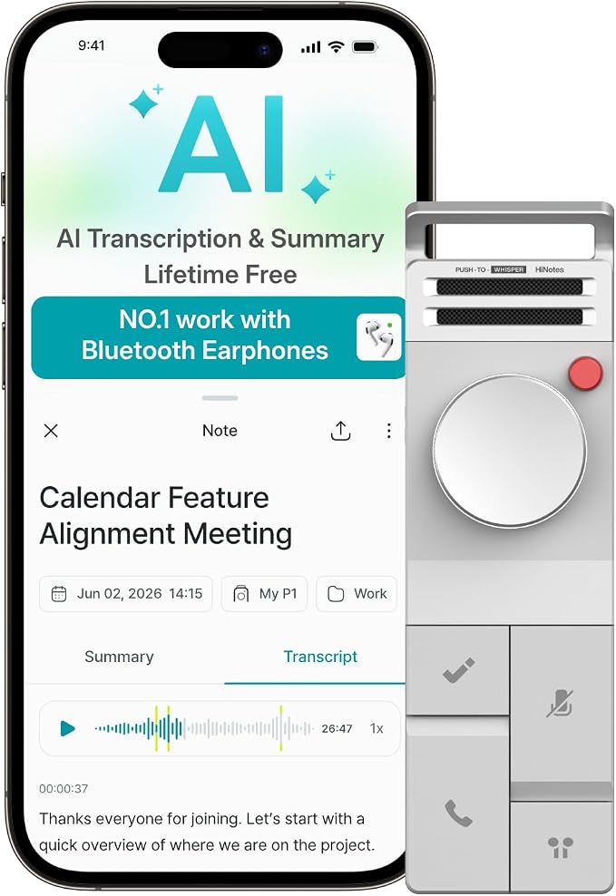 HiDock P1 AI Voice Recorder Work with Bluetooth Earbuds: BlueCatch Tech Smart Voice Recorder with Playback AI Transcriber Summarize for Lectures Meeting Notes Voice Activated Recorder 64GB(Star White)