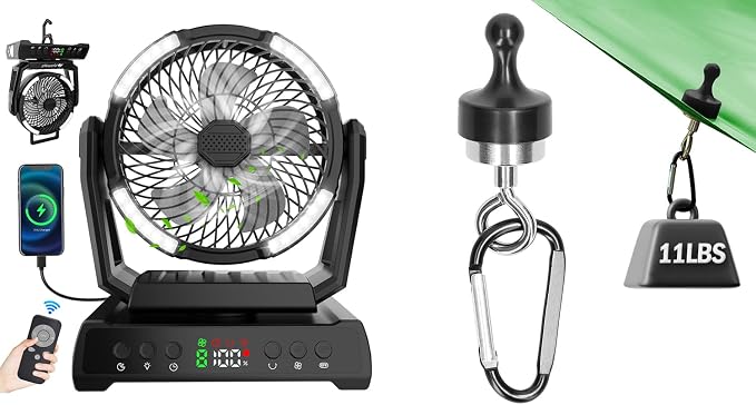 AYAMAYA Magnetic Hook + Camping Fan, Magnet Clip Hanger with Carabiner, 20000mAh Rechargeable Fan with Remote for Outdoors Camping Piccnic