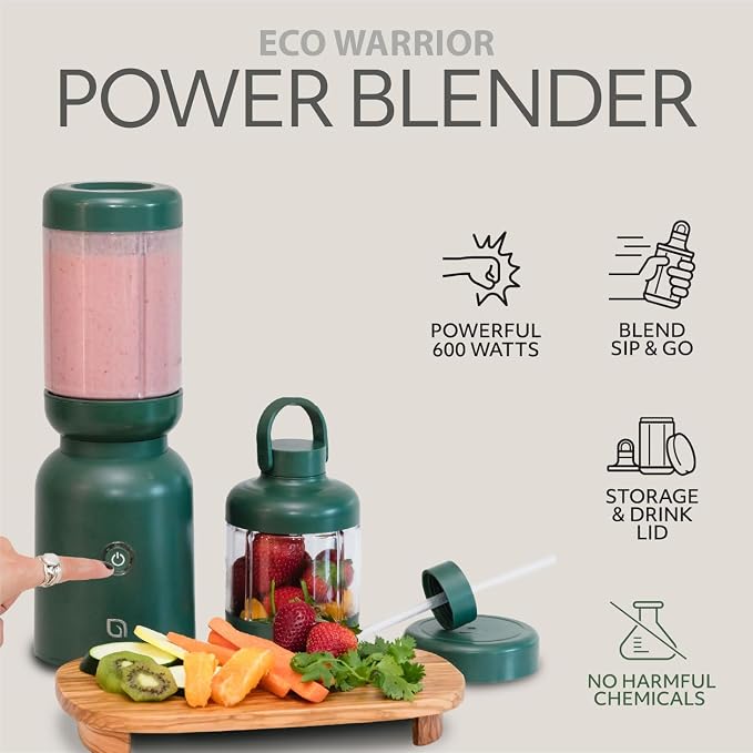 WILLOW Eco Series Warrior Blender, Compact Personal Blender for Smoothies, Shakes & Ice Crushing, One-Button-Operation Smoothie Maker, 600 Watt Base, Includes 30 OZ Cup + To-Go Cup with 2 Lids