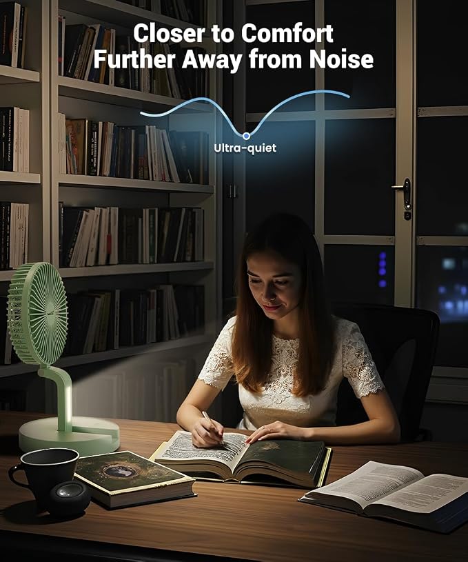 Geek Aire Foldable Battery Operated Fan, Portable Rechargeable USB Floor Table Fan with LED Light, Quiet Oscillating Pedestal Fans that Blow Cold Air for Bedroom Office Camping Travel - Green