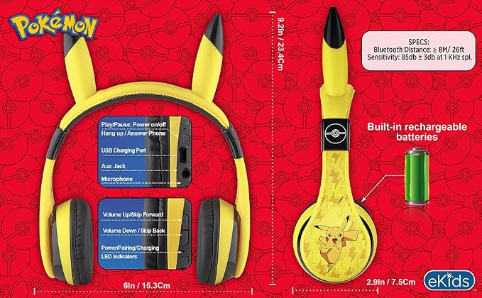 eKids Pokemon Kids Bluetooth Headphones, Wireless Headphones with Microphone Includes Aux Cord, Volume Reduced Kids Foldable Headphones for School, Home, or Travel,Yellow