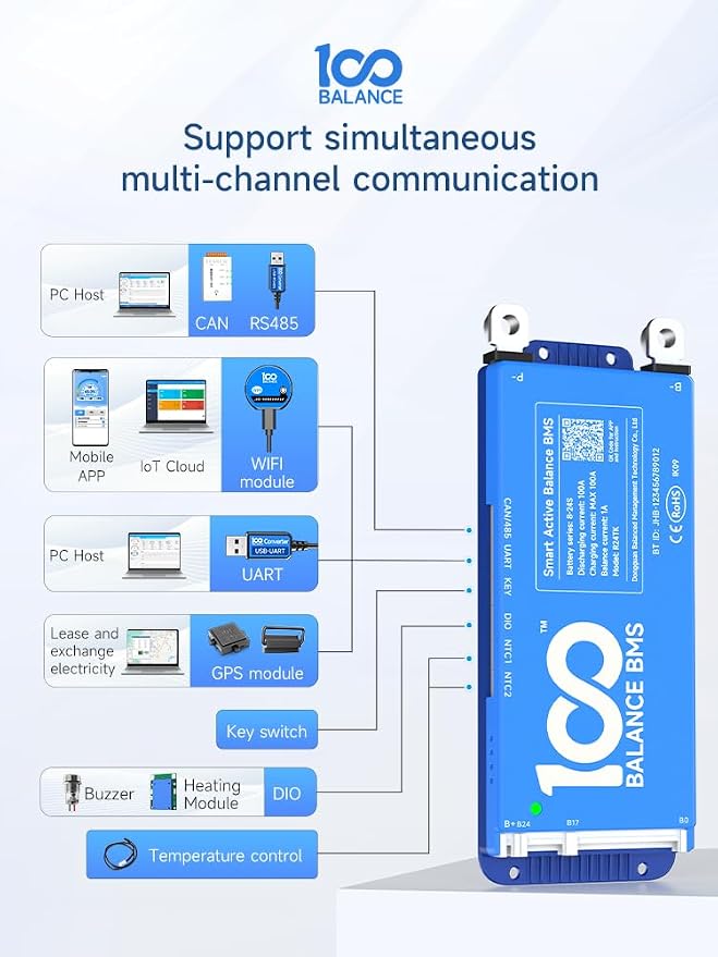 DALY BMS 80A 4S - 8S Built in Bluetooth 1A Active Cell Balancing RS485 CAN for 12V - 24V LiFePO4/Li - ion/LTO Battery Packs Perfect for RV, Portable Power Station, Trolling Motor