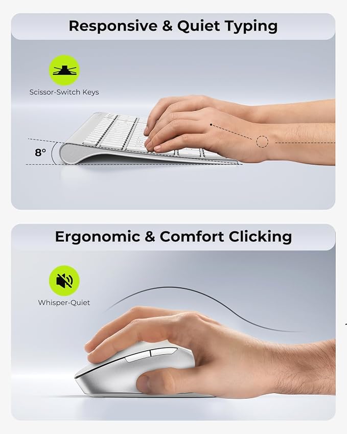 seenda Wireless Bluetooth Keyboard Mouse Combo, COE401 Rechargeable Silent Keyboard Mouse Compact Slim, 3 Multi-Device Connection, Compatible for Windows/Mac PC Laptop MacBook iPad, White Silver