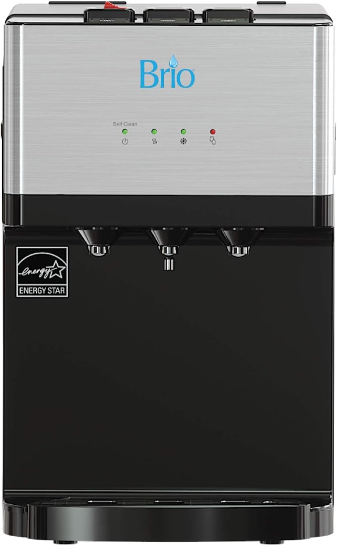 Brio Countertop Self Cleaning Bottleless Water Cooler Dispenser with Filtration - Hot Cold and Room Temperature Water. Free Extra Replacement Filters Included - UL/Energy Star Approved