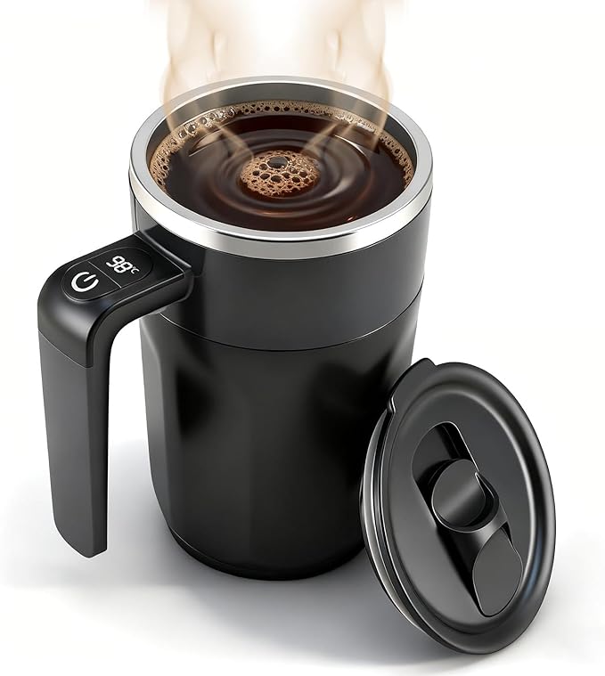 Temperature Display Self Stirring Coffee Mug, Rechargeable Stirring Mug, Automatic Self Stirring Cup with Lid, For Coffee, Milk and Other Beverages, Black