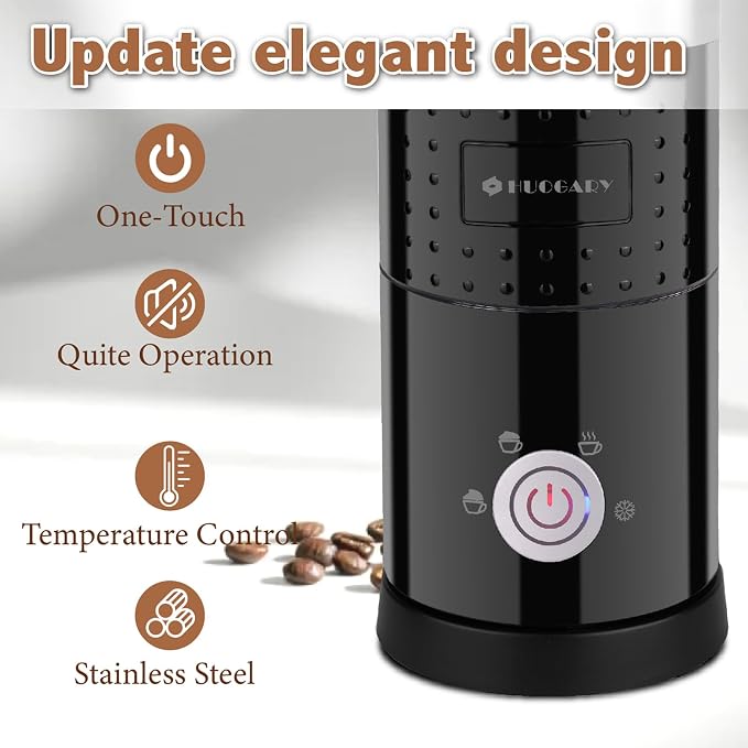 Huogary Electric Milk Frother and Steamer - 4 In 1 Automatic Milk Steamer, 300ml/10.1oz Hot& Cold Foam Maker and Milk Warmer For Latte, Cappuccinos, Macchiato, Black