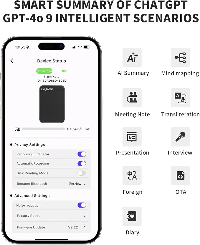 Waytronic AI Voice Recorder, APP Control, Transcribe&Summarize&Translate with AI, Support 108 Languages, Pocket AI Note Taker for Lectures, Meetings, Calls, Only Work with iPhone