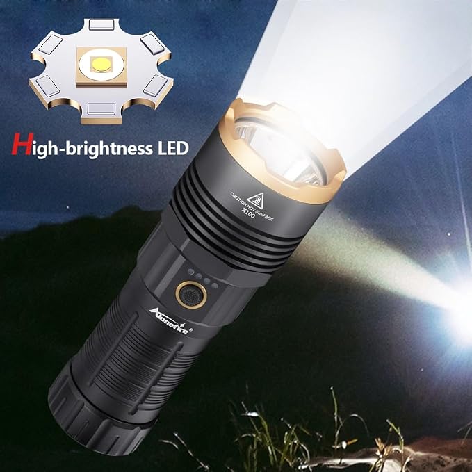 ALONEFIRE X100 LED Flashlight 2050 High Lumens Super Bright USB C Rechargeable 5 Adjustable Modes Waterproof Flash Light Reverse Charging with Battery, Lanyard for Camping Emergency Hiking Home