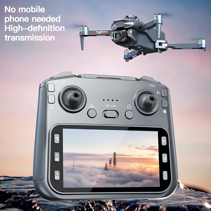 Drone with HD Camera for Adults, Foldable RC Drone with 4.3 Inch Screen on Controller, Brushless Motor, 5-Way Infrared Obstacle Avoidance, Electric Adjustable HD Camera, Optical Flow Positioning, Headless Mode, 360° Flip, Under 250g Lightweight Portabl...