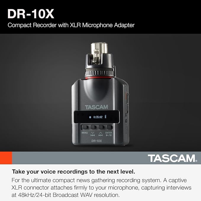 TASCAM XLR Micro Audio Portable Digital Recorder for XLR Microphones, Voice Recorder, Interview and News Gathering, Black (DR-10X)