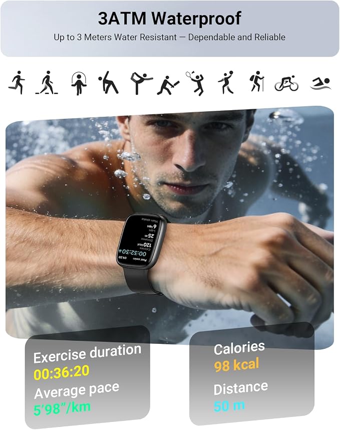 Gydom Smart Watch for Men/Women, 1.85" AMOLED Screen Fitness Watch for iPhone/Android, Activity Tracker with Heart Rate/Sleep/SpO2, Answer/Make Call, 3ATM Waterproof, 120+ Sport Modes, AI Voice, Black