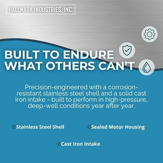 Hallmark Industries MA0343X-4A Deep Well Submersible Pump, 1/2 hp, 230V, 60 Hz, 25 GPM, 150' Head, Stainless Steel, 4"