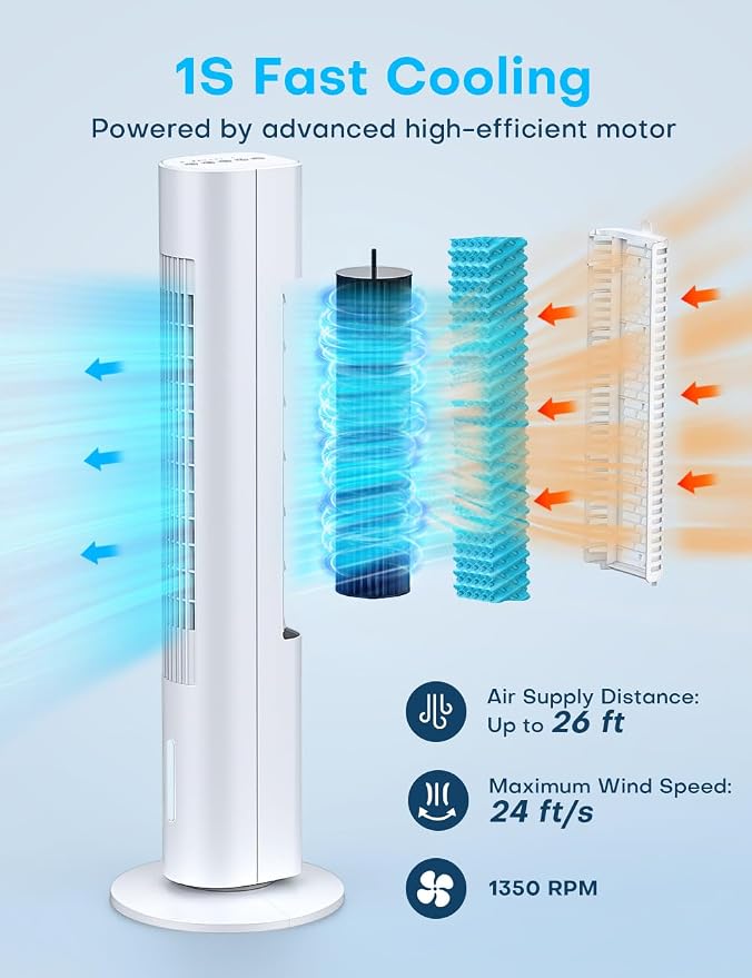 BALKO 35 INCH Evaporative Air Cooler, 2024 Upgraded Swamp Cooler Air Conditioner w/Cooling Mode, 3 Speeds, Smart Timer for Auto-Off, 20Ft Remote, 70° Wider Oscillation, Air Cooler for Room Bedroom