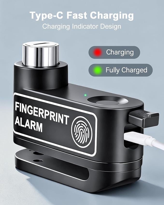 Motorcycle Disc Lock with Fingerprint Unlock, 120dB Anti-Theft Waterproof Alarm Brake Lock, 7mm Pin & 5ft Reminder Cable, for Motorcycles Bike Scooter
