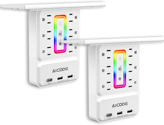 2 Packs Socket Outlet Shelf,Wall Outlet Extender Surge Protector with Nightlight,6 Outlets with 3 USB Ports(1 USB C) Plug Expander Charger Shelf with Storage for Home,Dorm