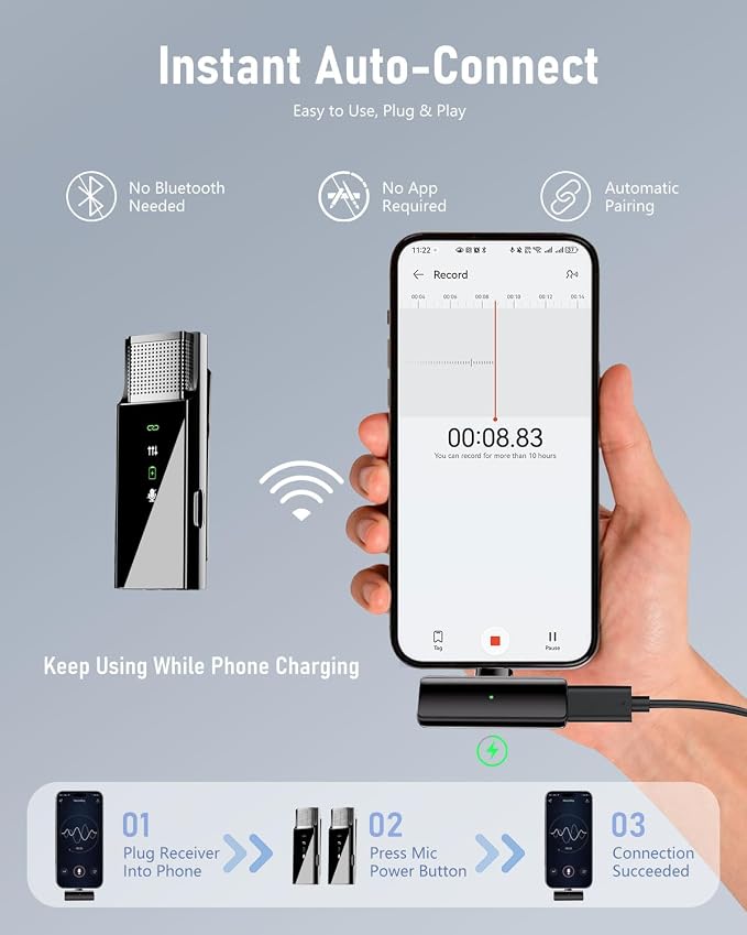 4 Wireless Lavalier Microphone System for iPhone Android Phone Computer, Mini Lapel Mic with USB C/Lightning, 48KHz 24Bit, Reverb,Noise Cancelling for Video Recording Podcast Stream Vlog TikTok